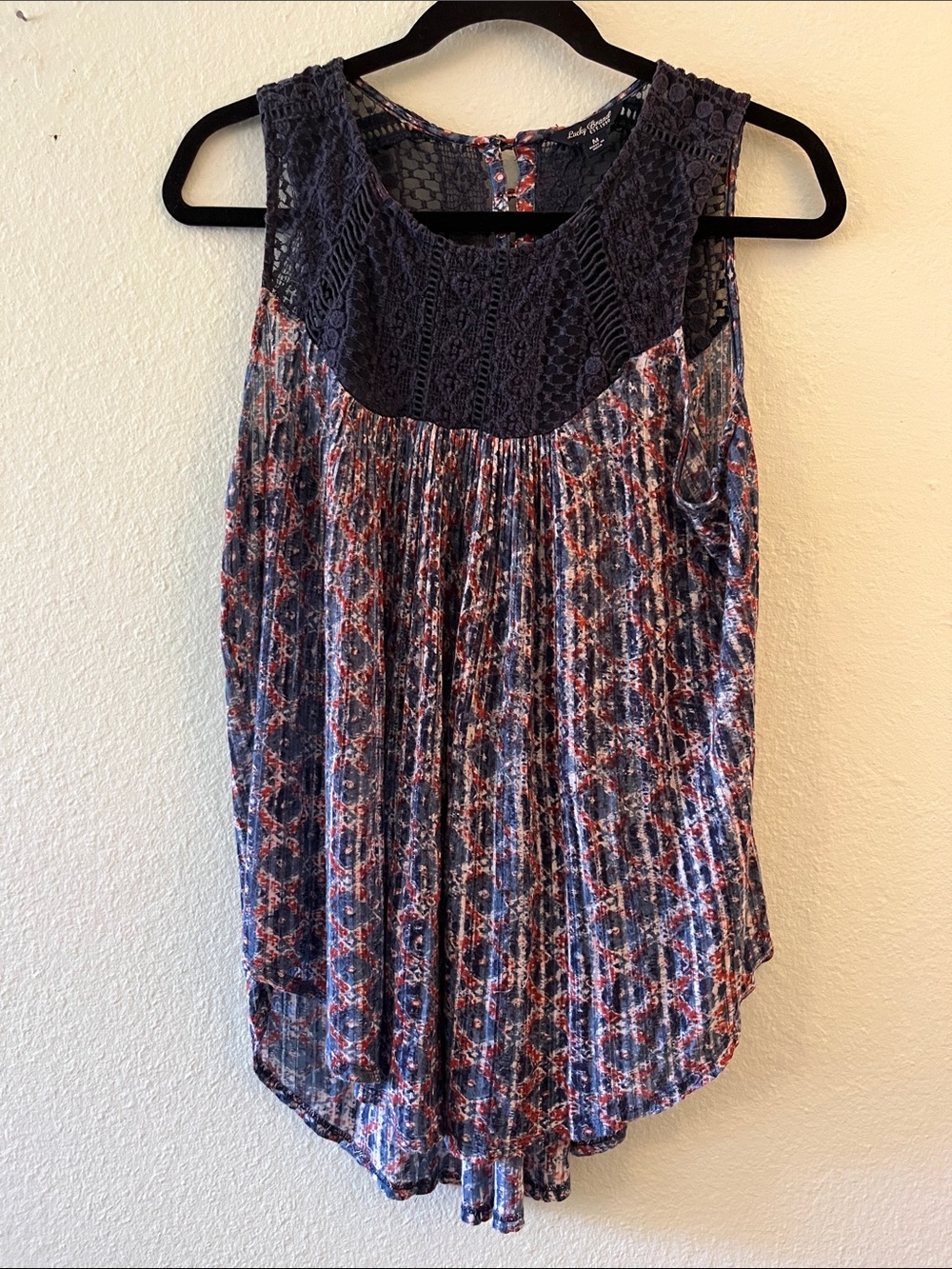 Lucky Brand Navy Crochet Yoke Multicolor Printed Sleeveless Top